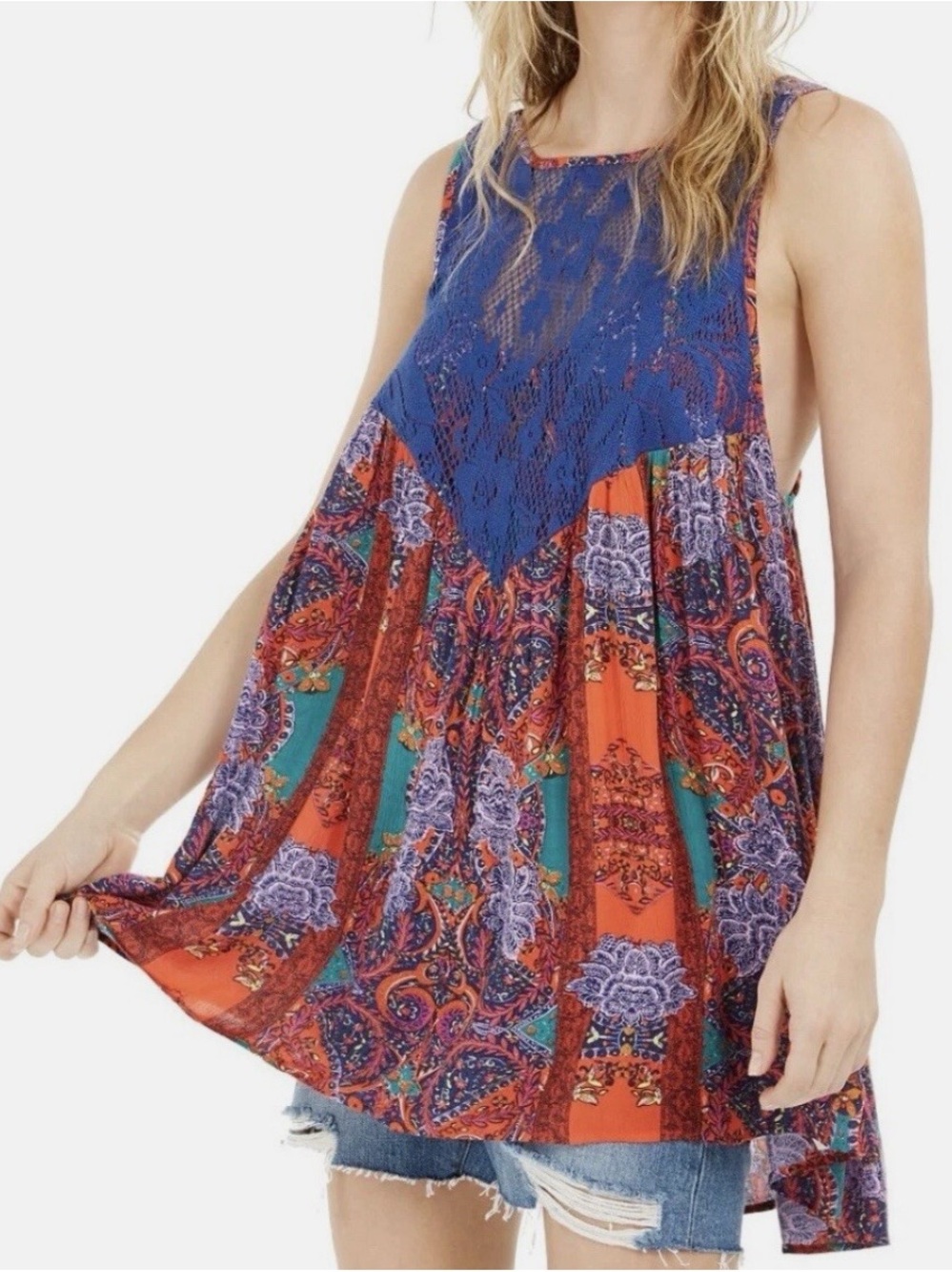 Free People Blue & Orange Printed Lace Yoke Tunic